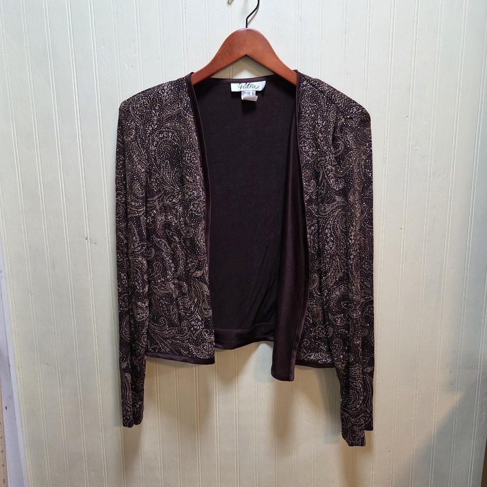 Patra Jacket Womens 12 Brown Paisley Glitter Open Front Knit Dressy Evening USA